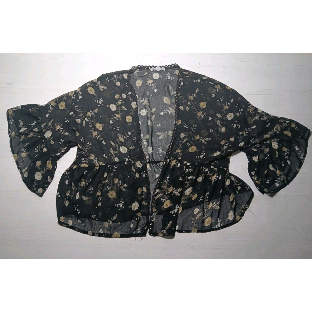 Taylor and Sage Sheer Black Floral Open  3/4 Sleeve Wrap Kimono Size Large